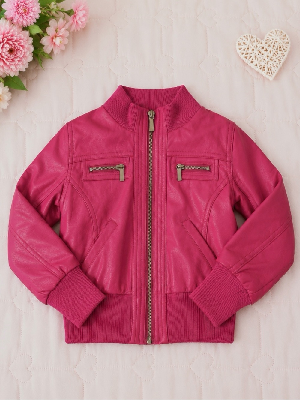 Yoki Girls Hot Pink Faux Leather Sherpa Lined Bomber Jacket Size 4T